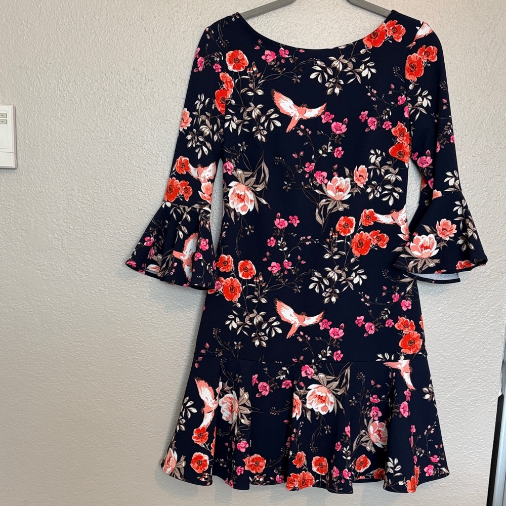 Eliza J Navy Floral Dress with Red and Pink Accents